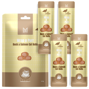 Pamlsek pro kočky – Wrap & Purr: Kachna a losos Mersjo 40g (4x10g)