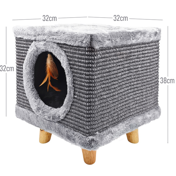 Robustní škrabadlo pro kočky, malé 38 cm, šedé s peřím a pelíškem Cabin I