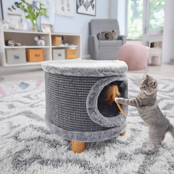 Robustní škrabadlo pro kočky, malé 38 cm, šedé s peřím a pelíškem Cabin II