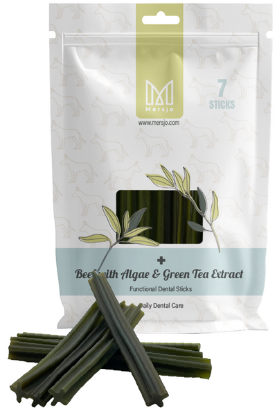 Dentální pamlsek pro psy Dental Sticks Mersjo Hovězí Řasy Zelené Čaj 28 ks