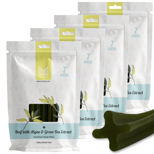 Dentální pamlsek pro psy Dental Sticks Mersjo Hovězí Řasy Zelené Čaj 28 ks