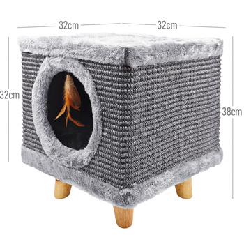 Robustní škrabadlo pro kočky, malé 38 cm, šedé s peřím a pelíškem Cabin I
