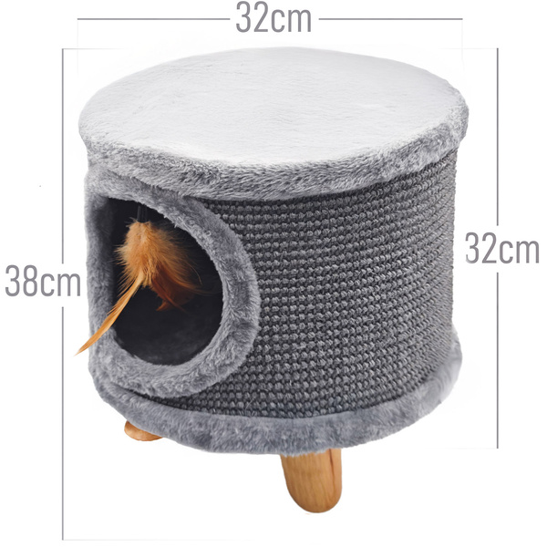 Robustní škrabadlo pro kočky, malé 38 cm, šedé s peřím a pelíškem Cabin II