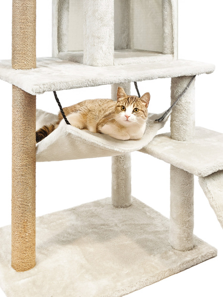 Škrabadlo pro kočky, domeček s hračkou, vysoký, 6 úrovní, lůžko, Comfort Line béžová barva