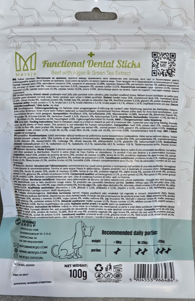 Dentální pamlsek pro psy Dental Sticks Mersjo Hovězí Řasy Zelené Čaj 7 ks