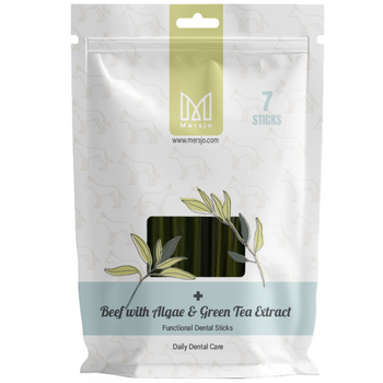 Dentální pamlsek pro psy Dental Sticks Mersjo Hovězí Řasy Zelené Čaj 28 ks