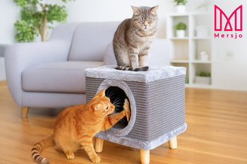 Robustní škrabadlo pro kočky, malé 38 cm, šedé s peřím a pelíškem Cabin I