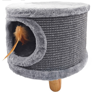 Robustní škrabadlo pro kočky, malé 38 cm, šedé s peřím a pelíškem Cabin II