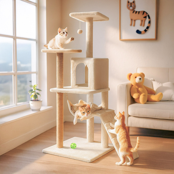 Škrabadlo pro kočky, domeček s hračkou, vysoký, 6 úrovní, lůžko, Comfort Line béžová barva