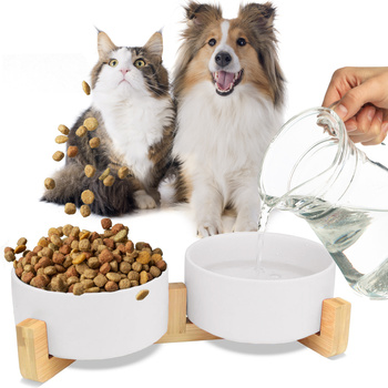 Dvojitá keramická miska pro psy i kočky s elagantním dřevěným stojanem, bílá 2x400 ml