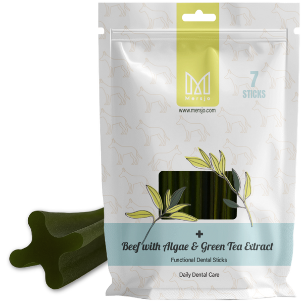 Dentální pamlsek pro psy Dental Sticks Mersjo Hovězí Řasy Zelené Čaj 28 ks