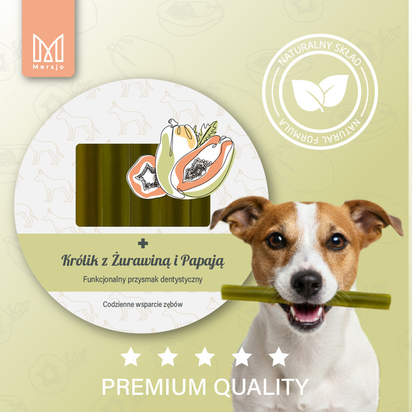 Dentální pamlsek pro psy Mersjo Dental Sticks - Králík Papája & Brusinka (7 tyčinek)