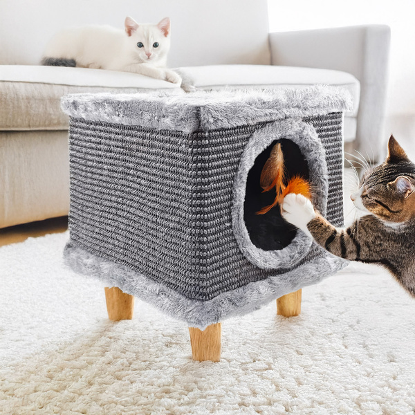 Robustní škrabadlo pro kočky, malé 38 cm, šedé s peřím a pelíškem Cabin I