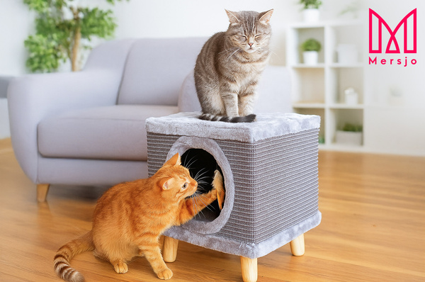 Robustní škrabadlo pro kočky, malé 38 cm, šedé s peřím a pelíškem Cabin I